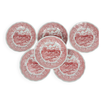 Set of 6 Italian dessert plates in English style, red pattern.