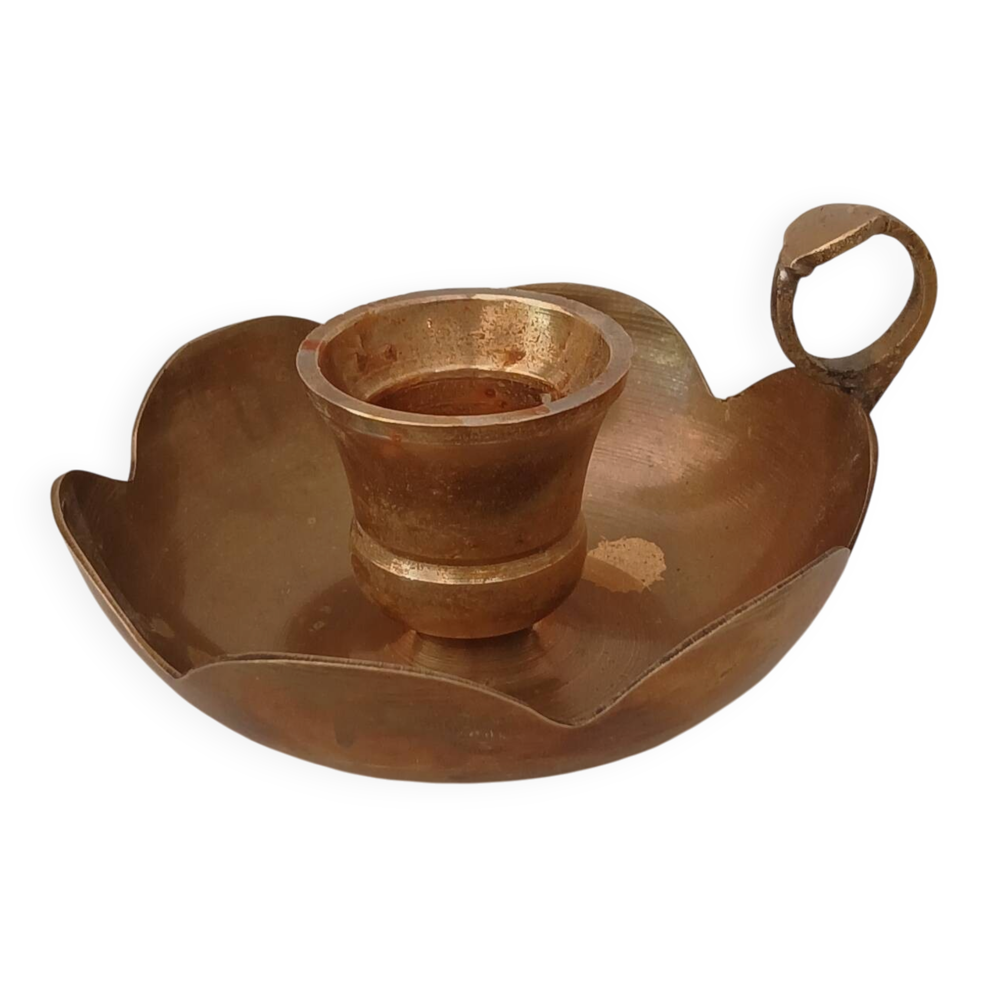 Brass candle holder in the shape of a flower.