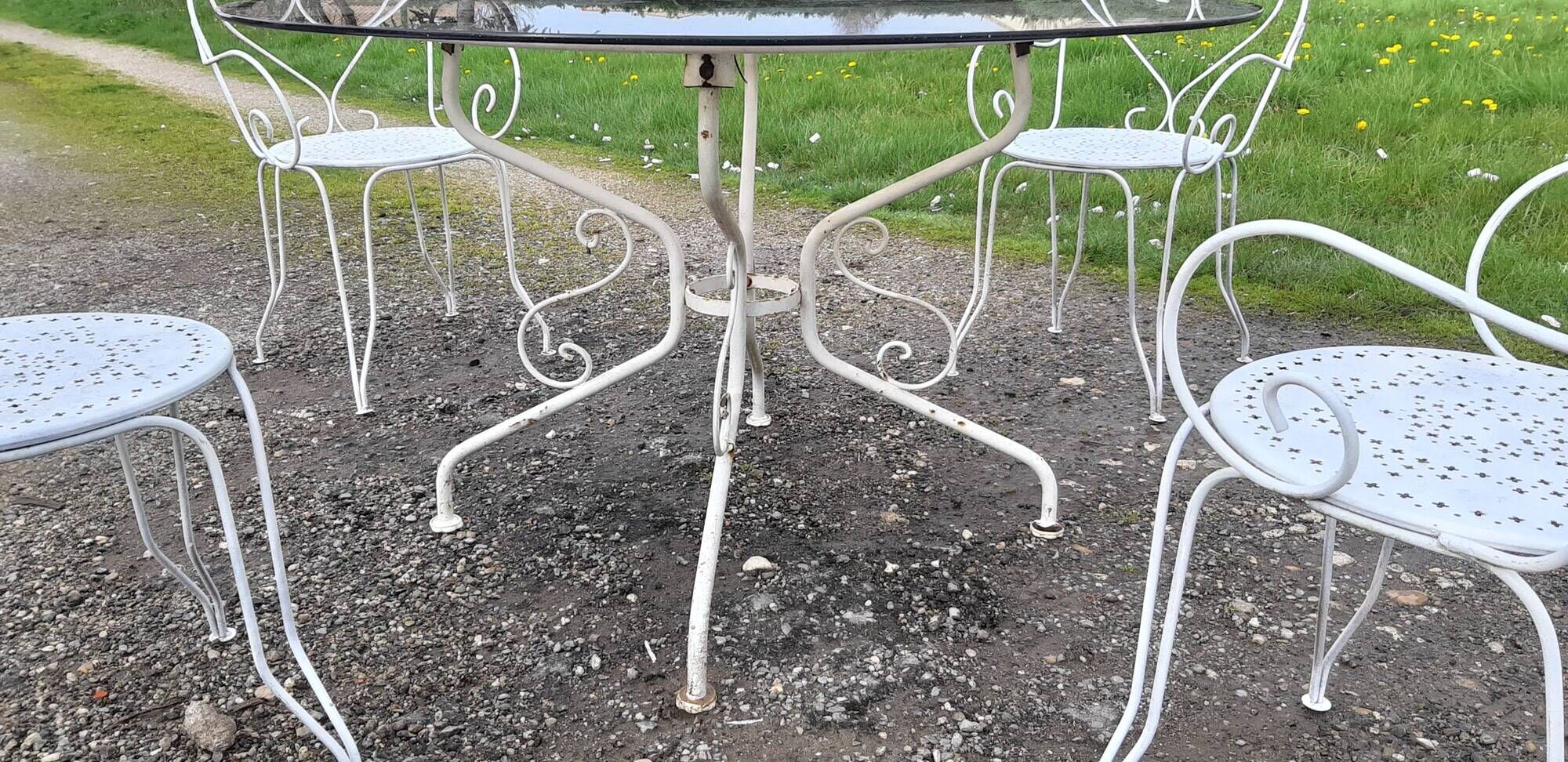 Garden furniture wrought iron and smoked glass 1900