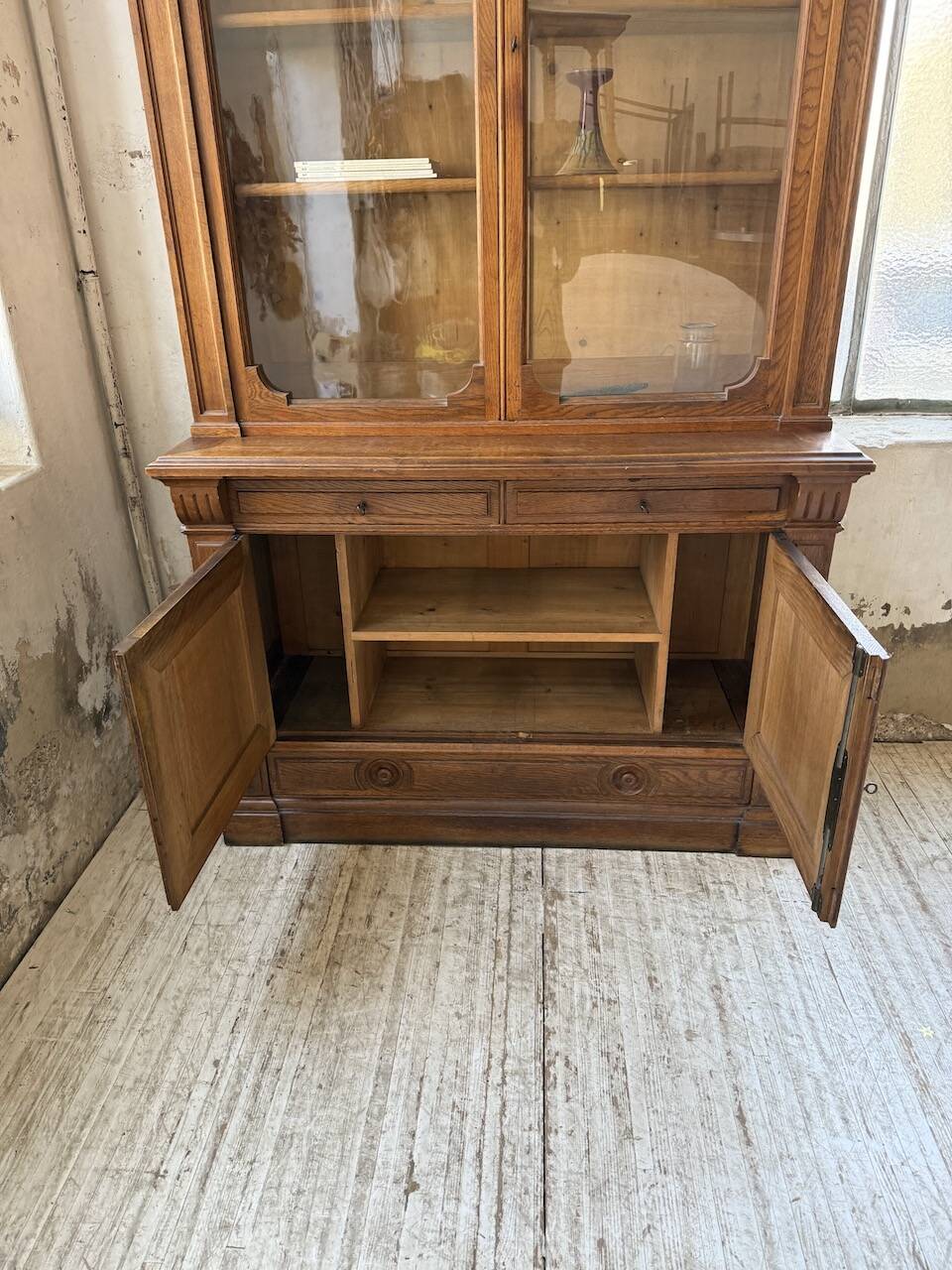 Antique XL Napoleonic oak glass bookcase, 19th century