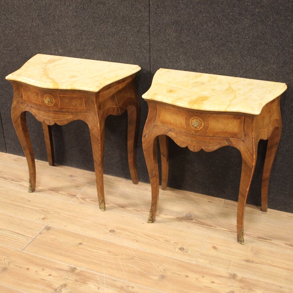 Pair of Italian inlaid bedside tables with marble top