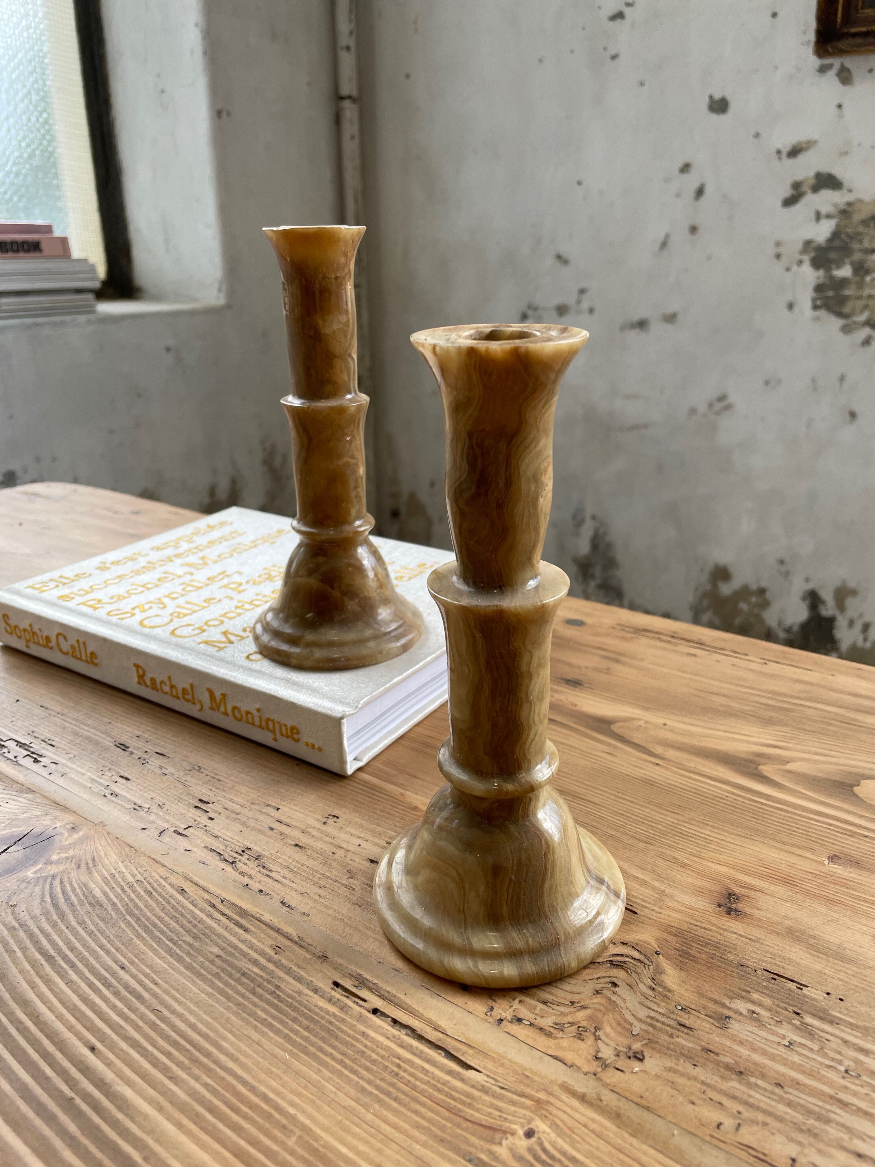 Set 2 old onyx candlesticks