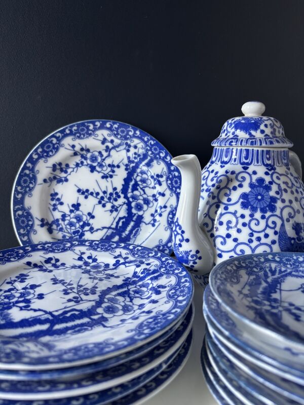 Service à thé japonais vintage porcelaine bleu & blanc 28 pièces — Nihon