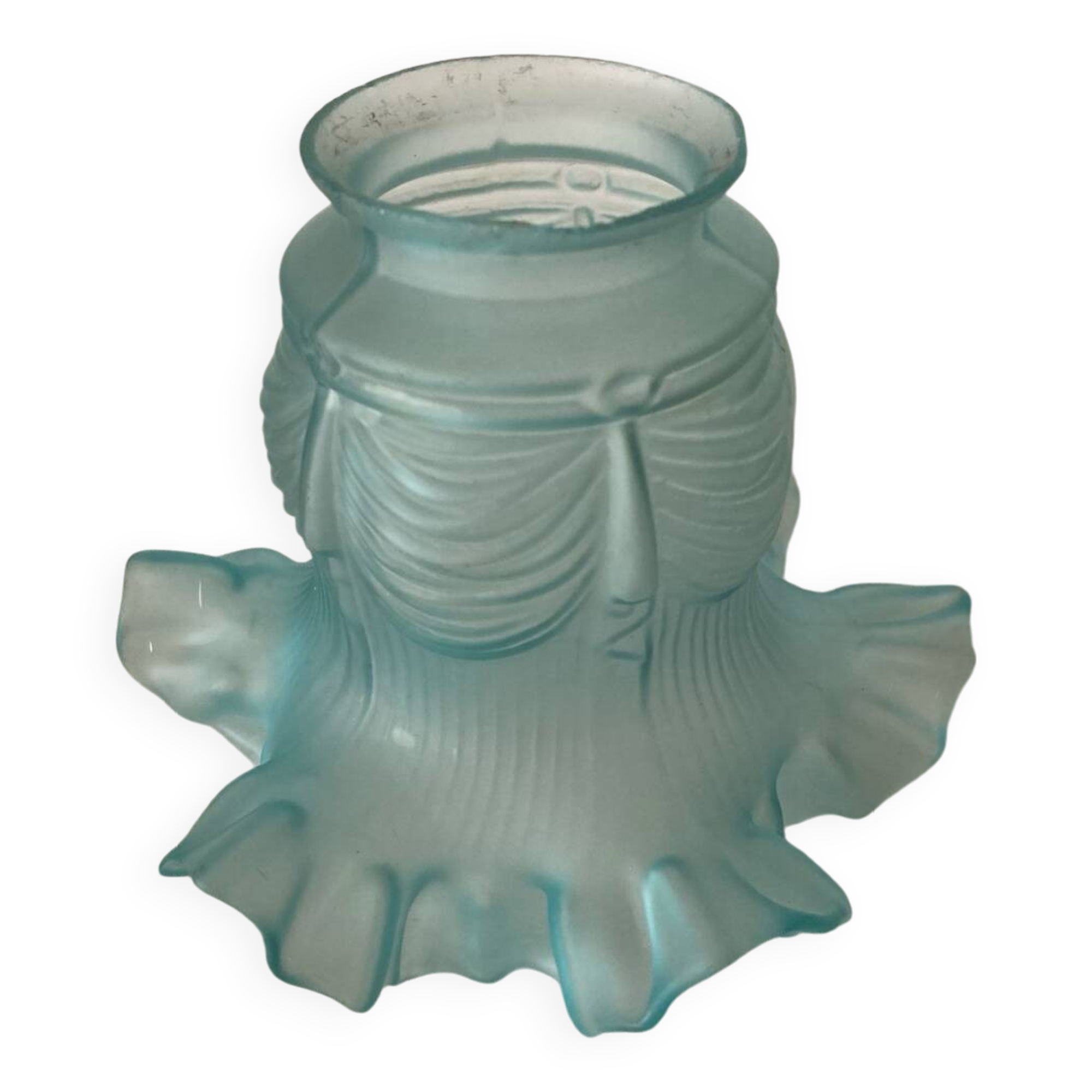 Antique tulip lampshade in blue frosted glass with pleated crown