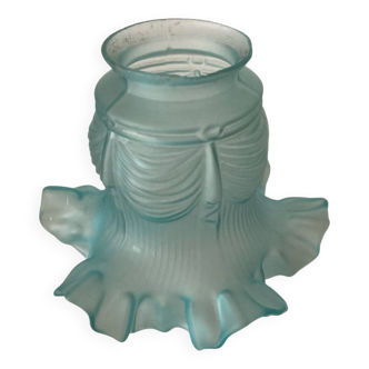 Antique tulip lampshade in blue frosted glass with pleated crown