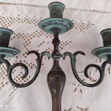 Set of 2 candlesticks 3 bobèches in patinated brass vert-de-gris