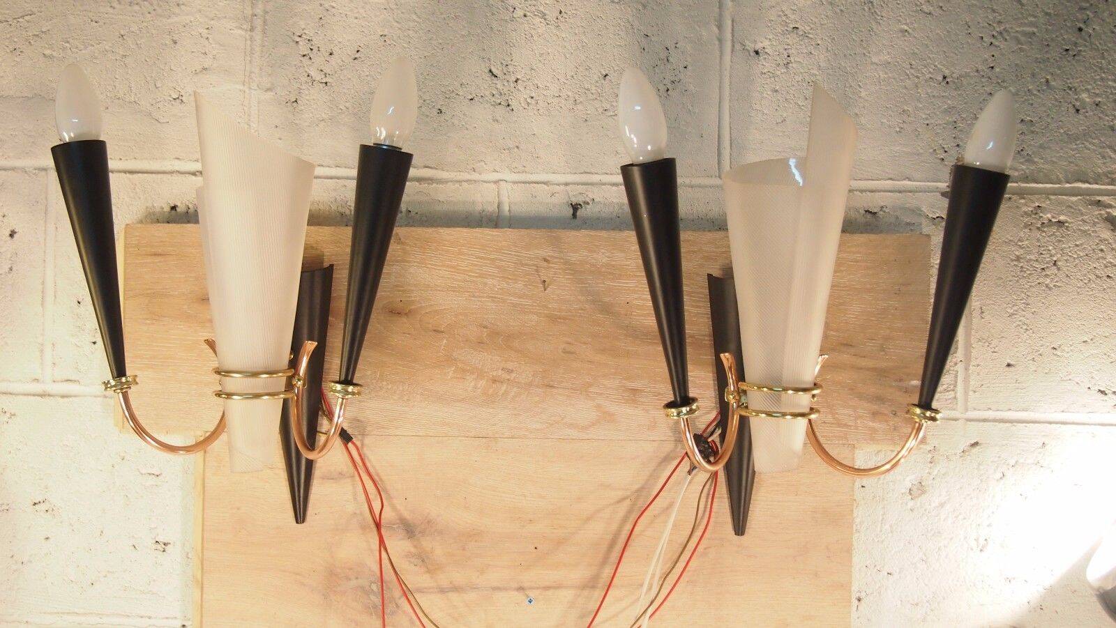 Paire applique lunel mid century texture perspex laiton dore noir