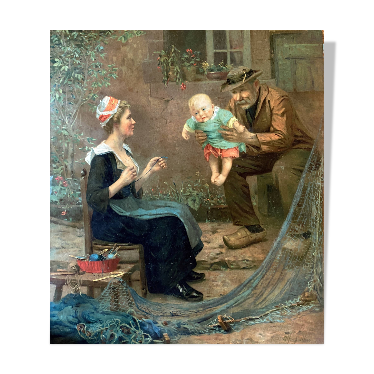 Chromo painting 1900 Breton family Baby fisherman signed