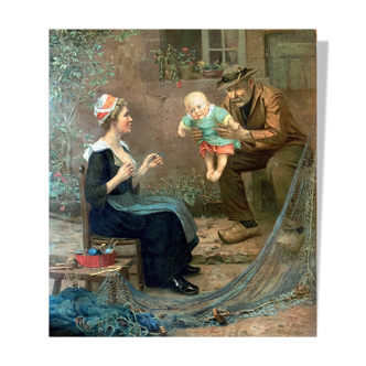 Chromo painting 1900 Breton family Baby fisherman signed