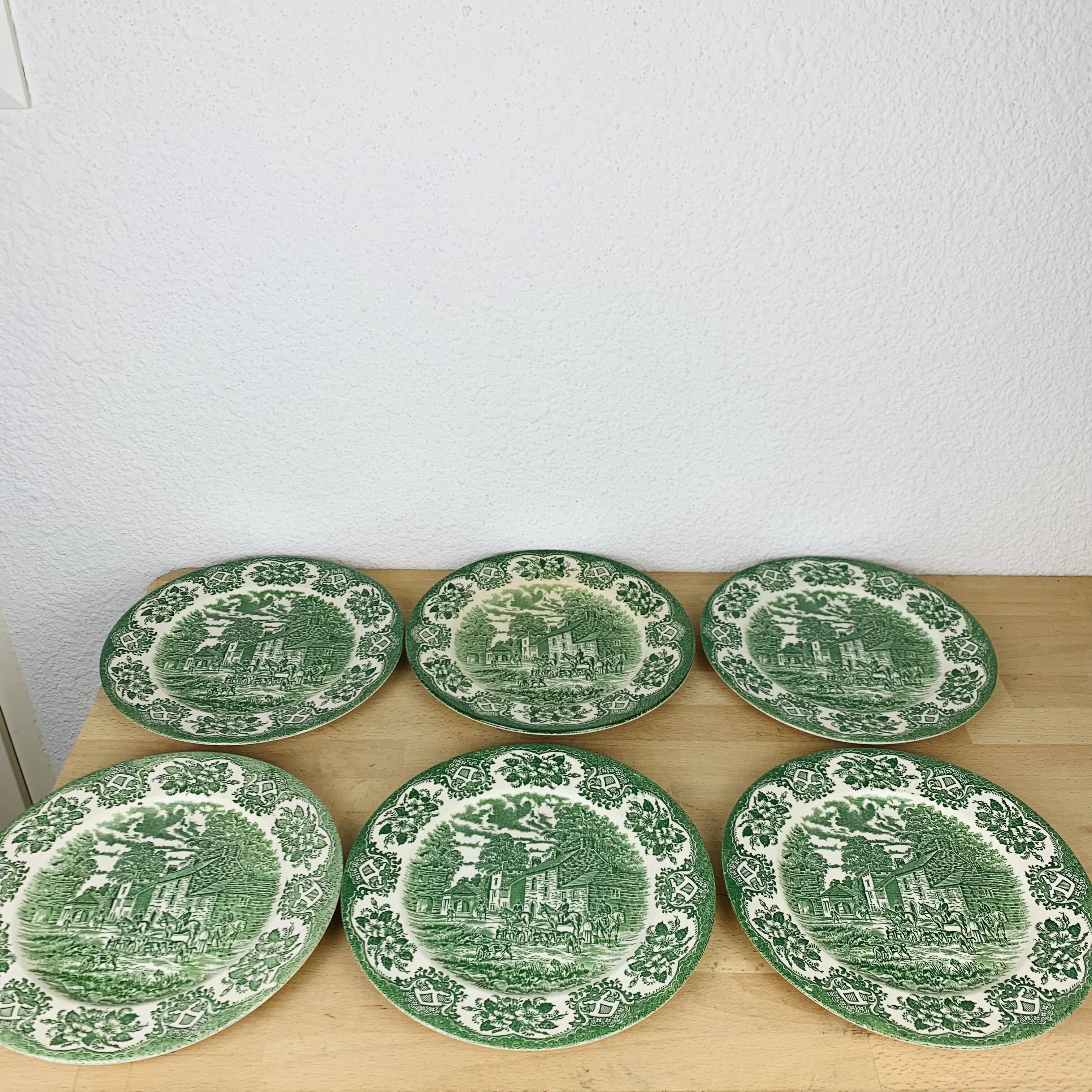 6 green English ironstone plates