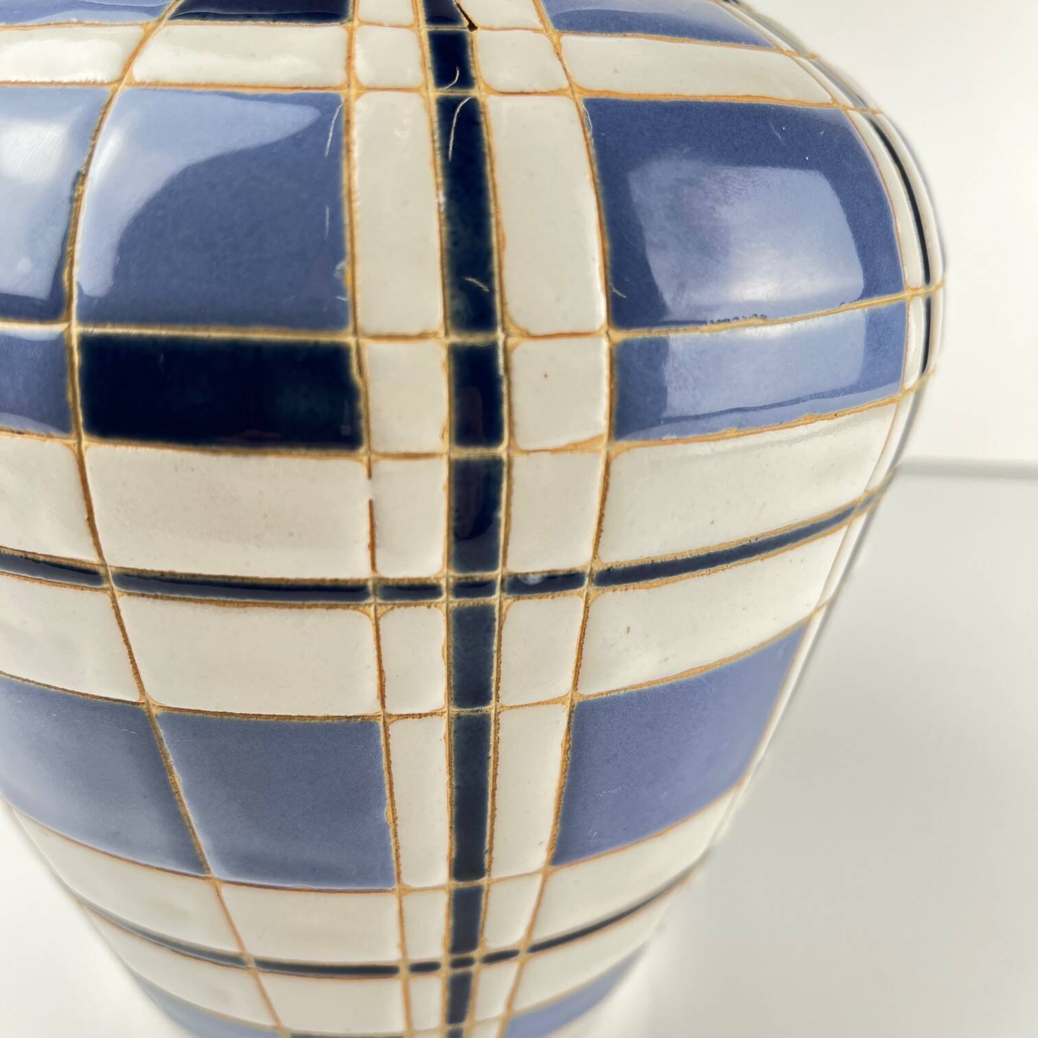 Vintage vase from the 50s, glazed earthenware, blue and white geometric decoration