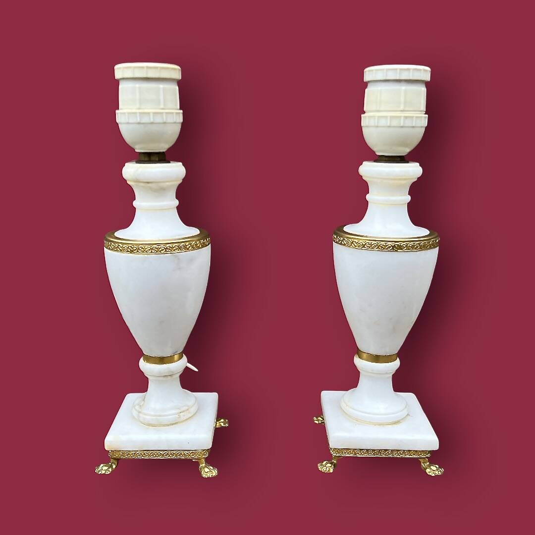 Pair of elegant antique lamp bases in alabaster and gilt brass