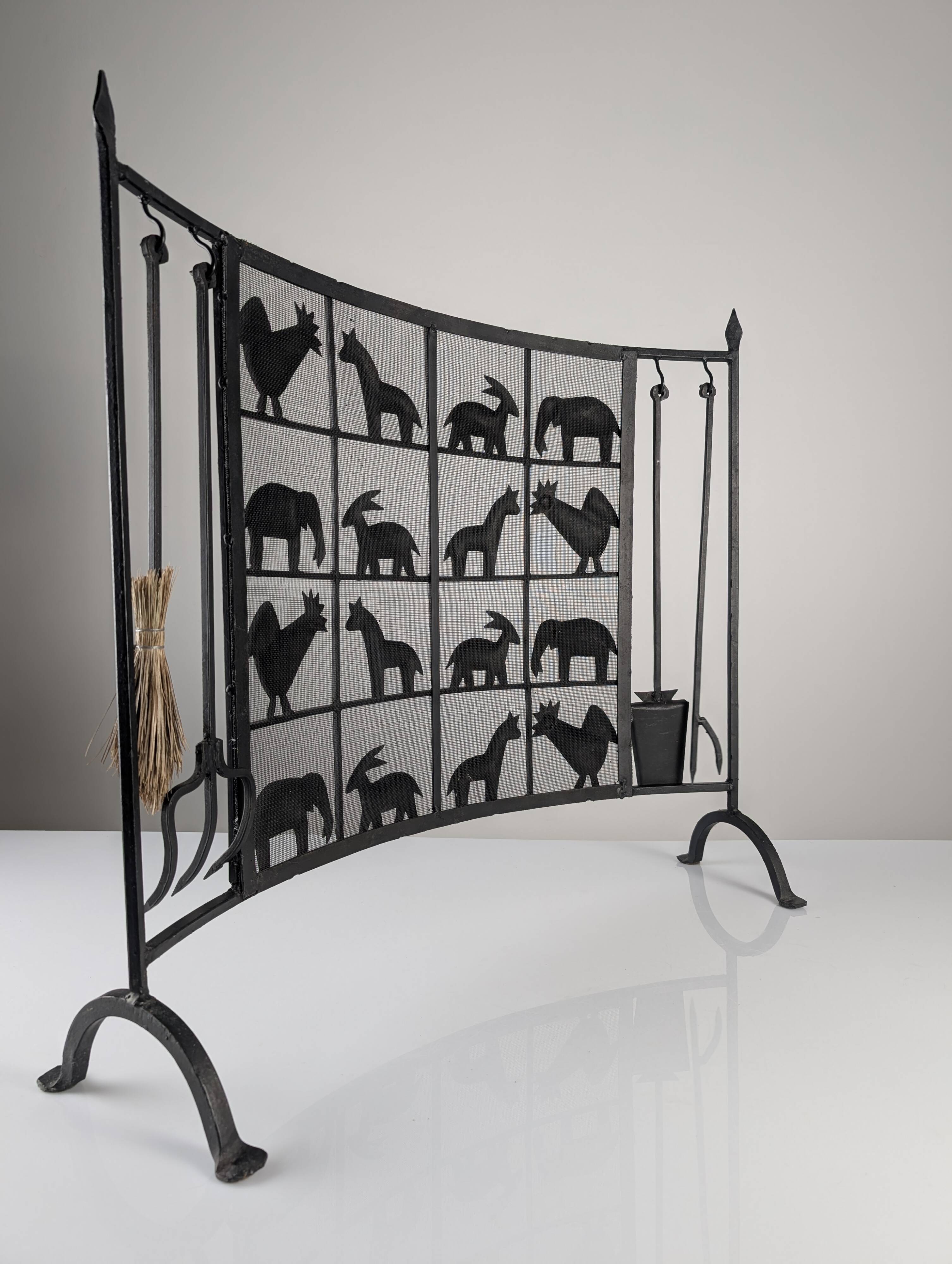Wrought iron fireplace screen by Atelier Marolles, France, 1950s