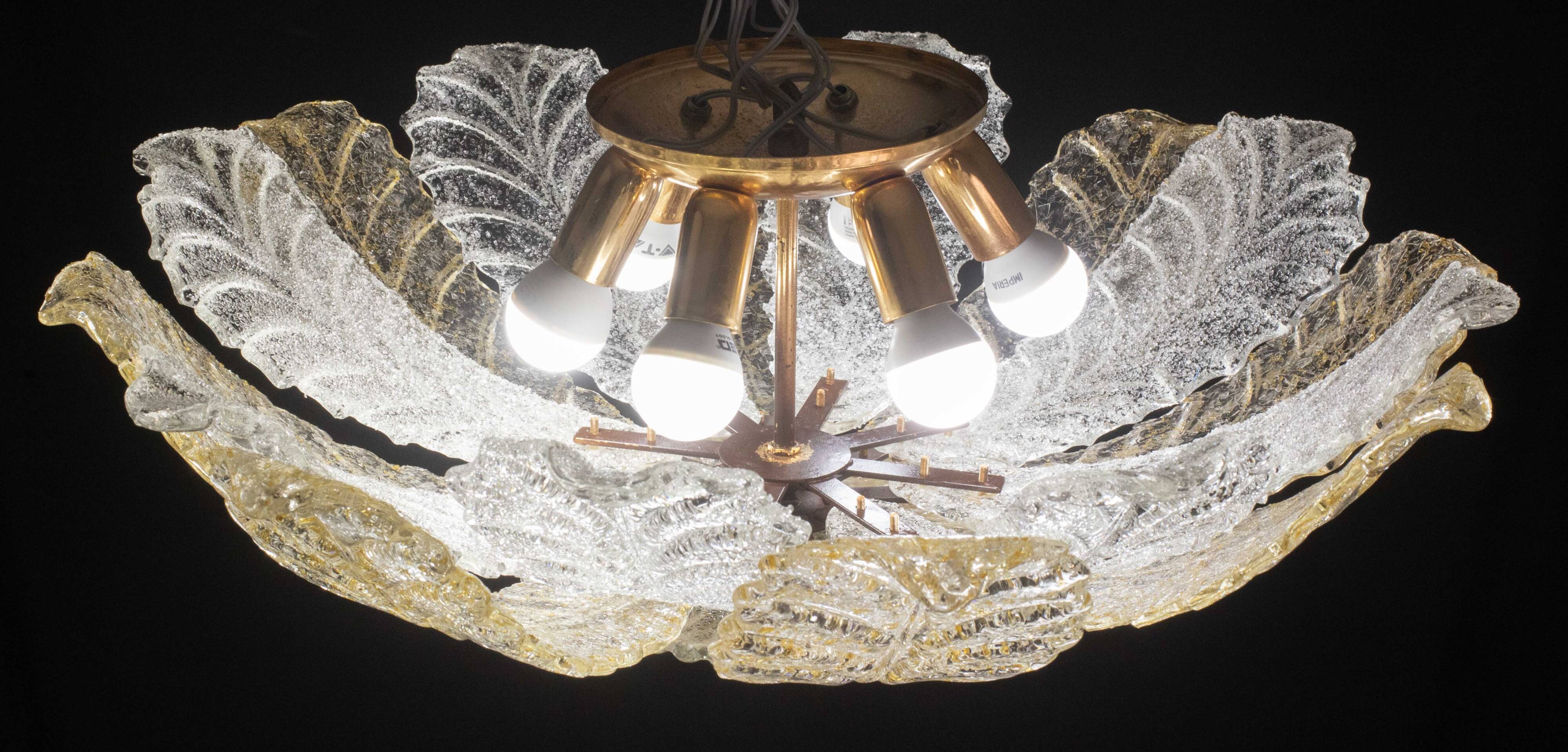 Murano Glass Gold and Transparent Leaves Chandelier or Flush Mount, 1970s