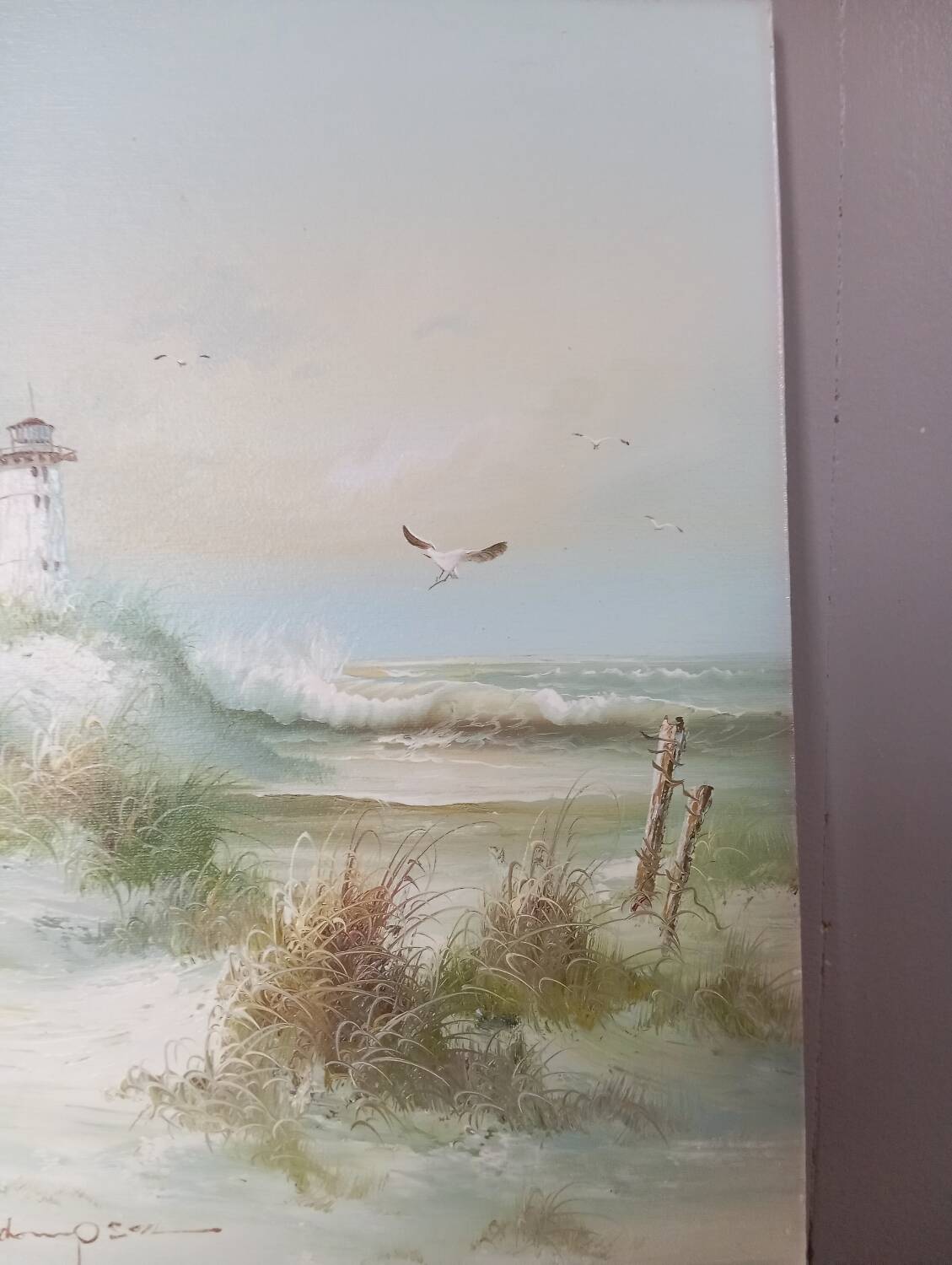Oil on canvas seascape ocean, lighthouse and beach, signed J. Thompson
