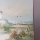 Oil on canvas seascape ocean, lighthouse and beach, signed J. Thompson