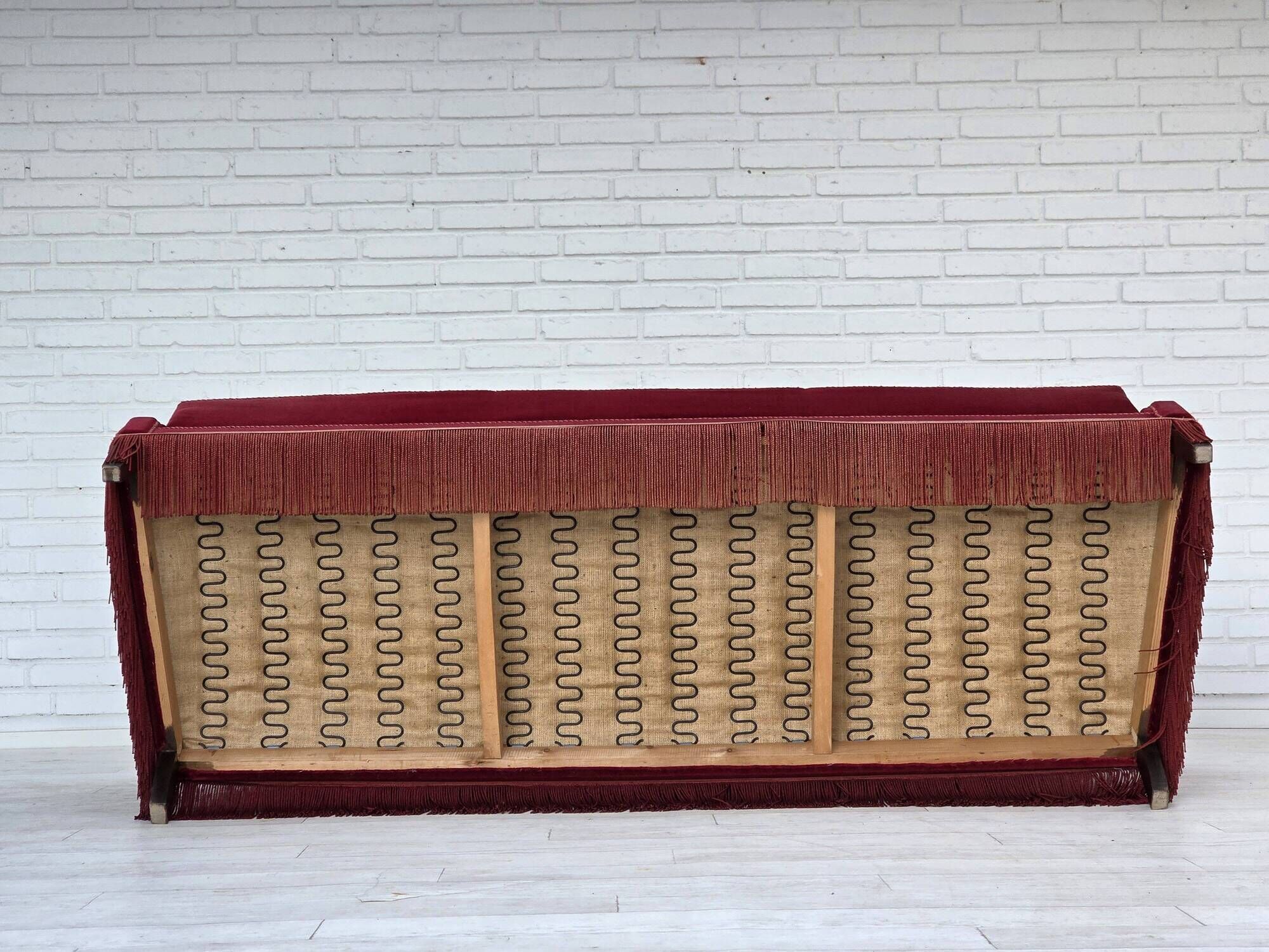 1960s, Danish 3-seater sofa, cherry-red furniture velour, ash wood.