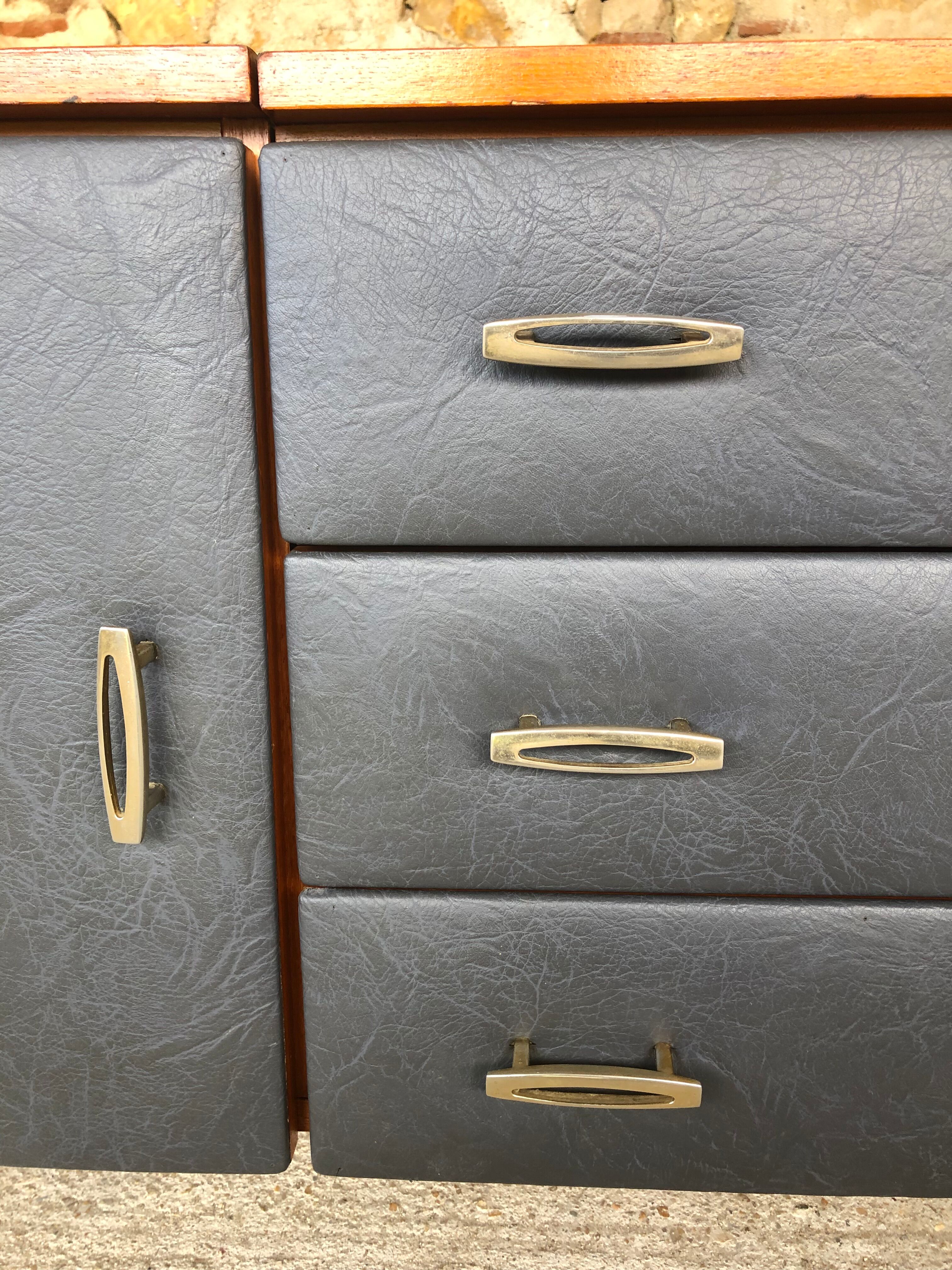 Vintage modular chest of drawers in teak and grey skaï, circa 60's