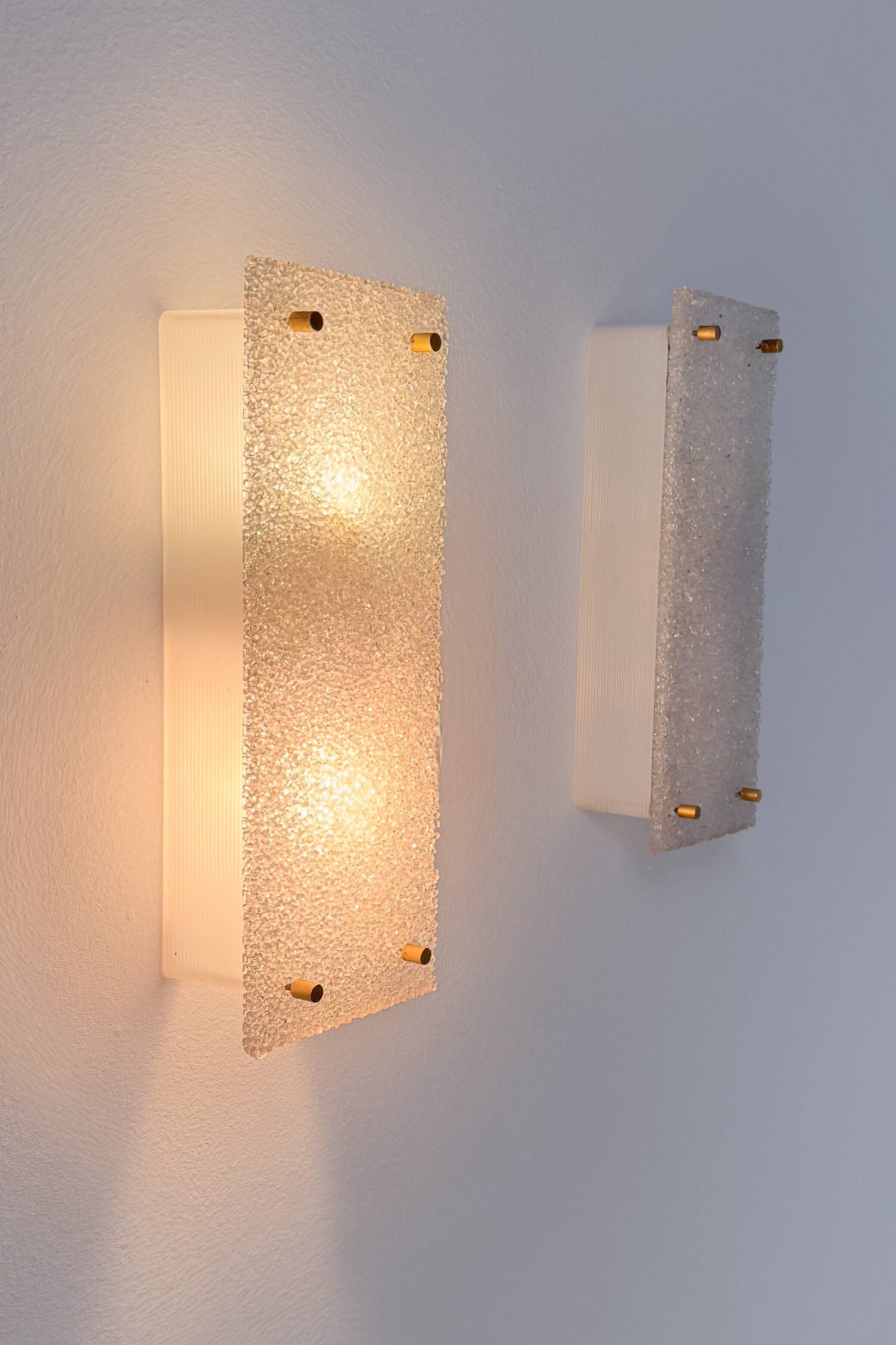 Pair of vintage wall lights, frosted perspex and brass, France 1960.