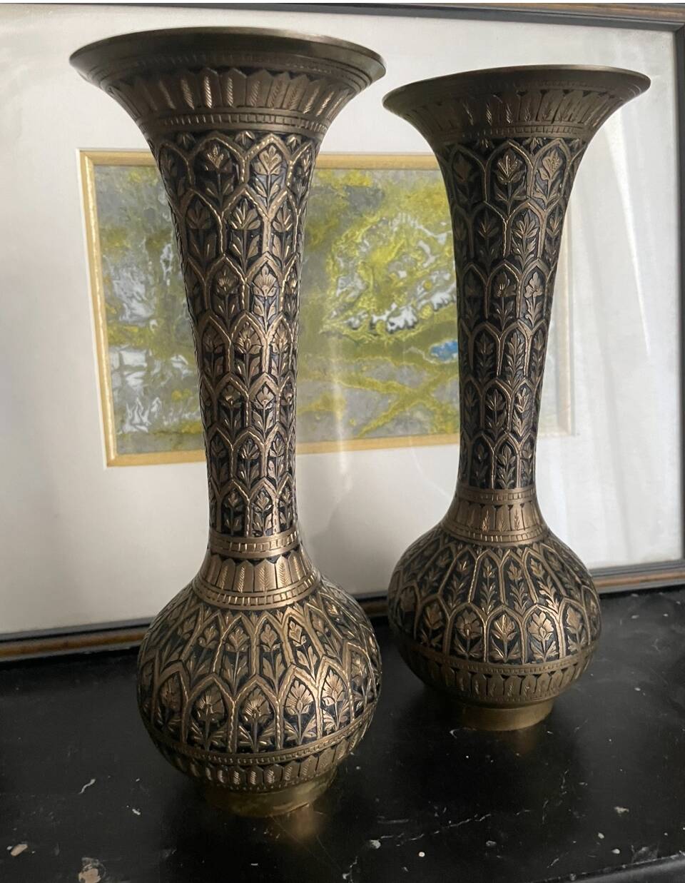 Pair of black and gold metal vase
