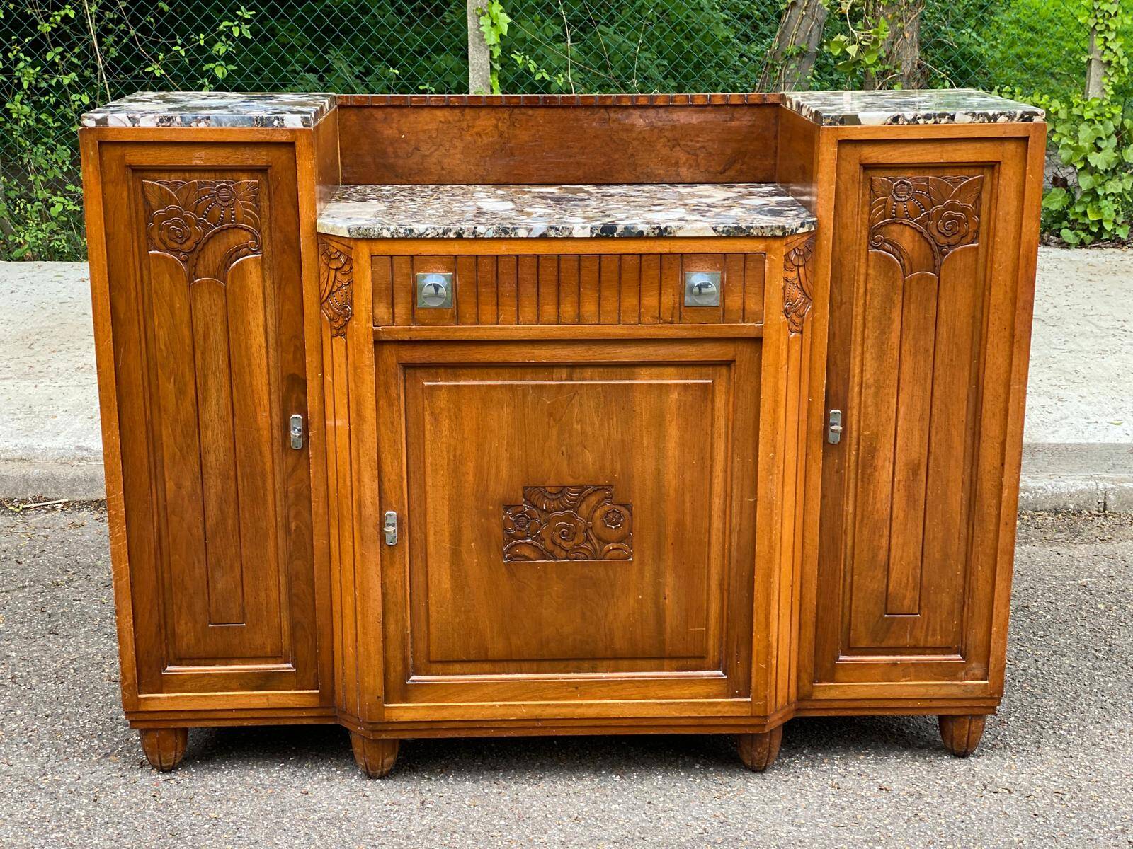 Art Deco 1930s marble and solid oak wood mirror sideboard
