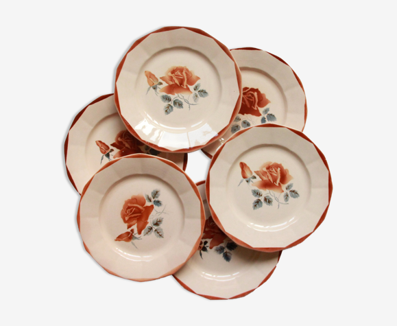 Lot de 6 assiettes plates fleuries faïence ancienne Digoin Sarreguemines modèle 9181 vieux rose