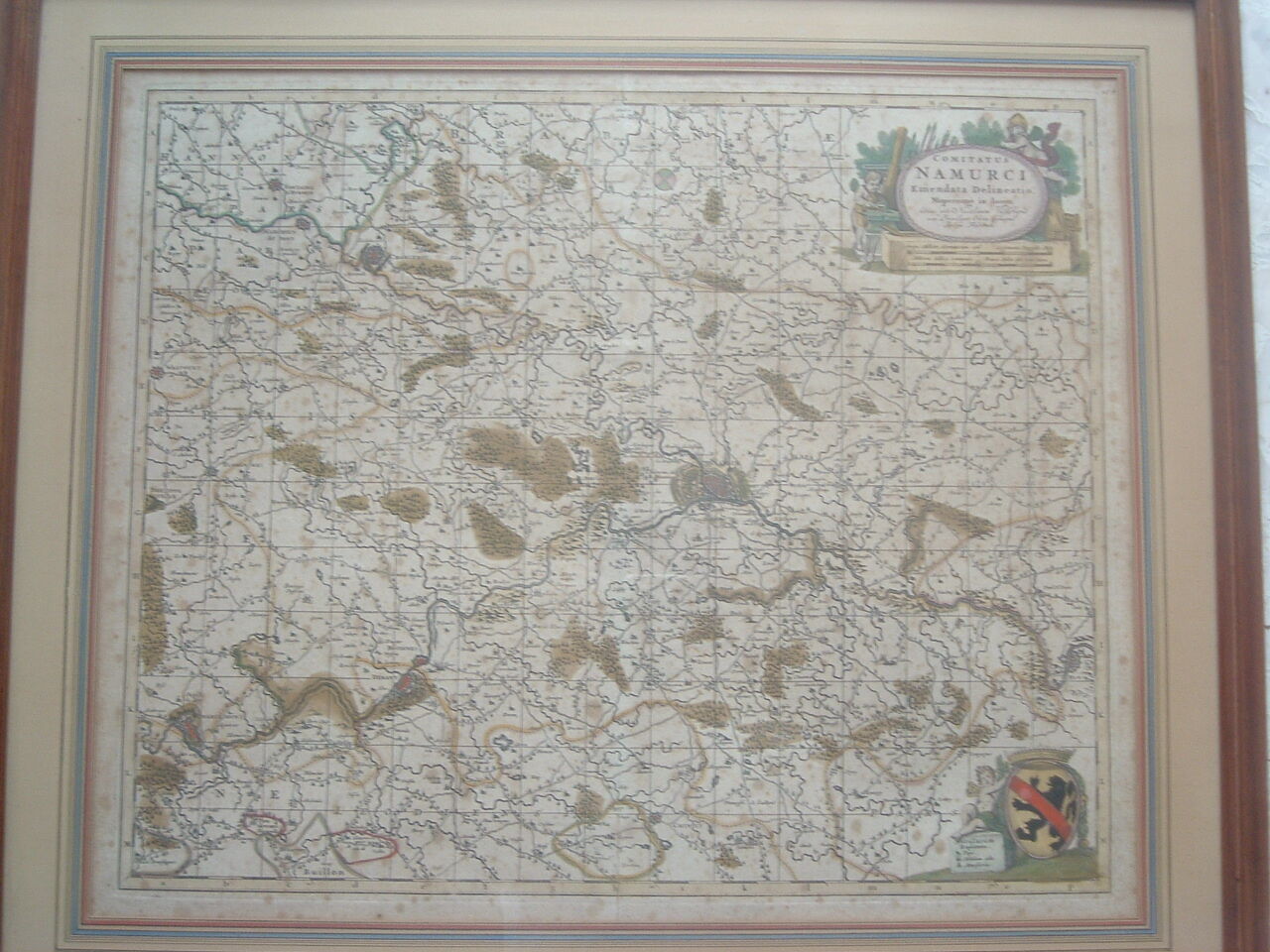 Old map xvii province of namur belgium by visscher, comitatus namurci, atlas minor, frame