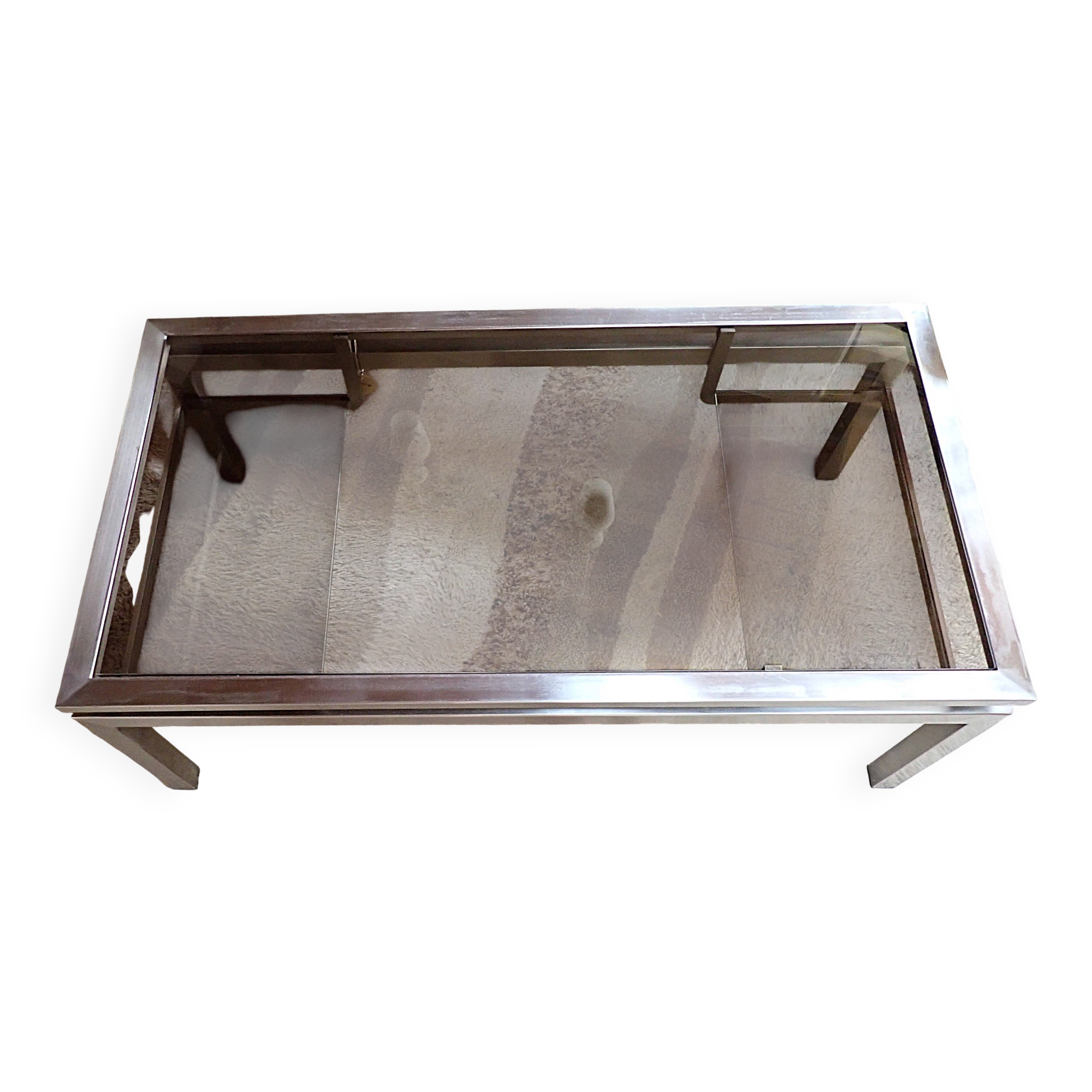 Brushed steel coffee table frame without glass - 1970s