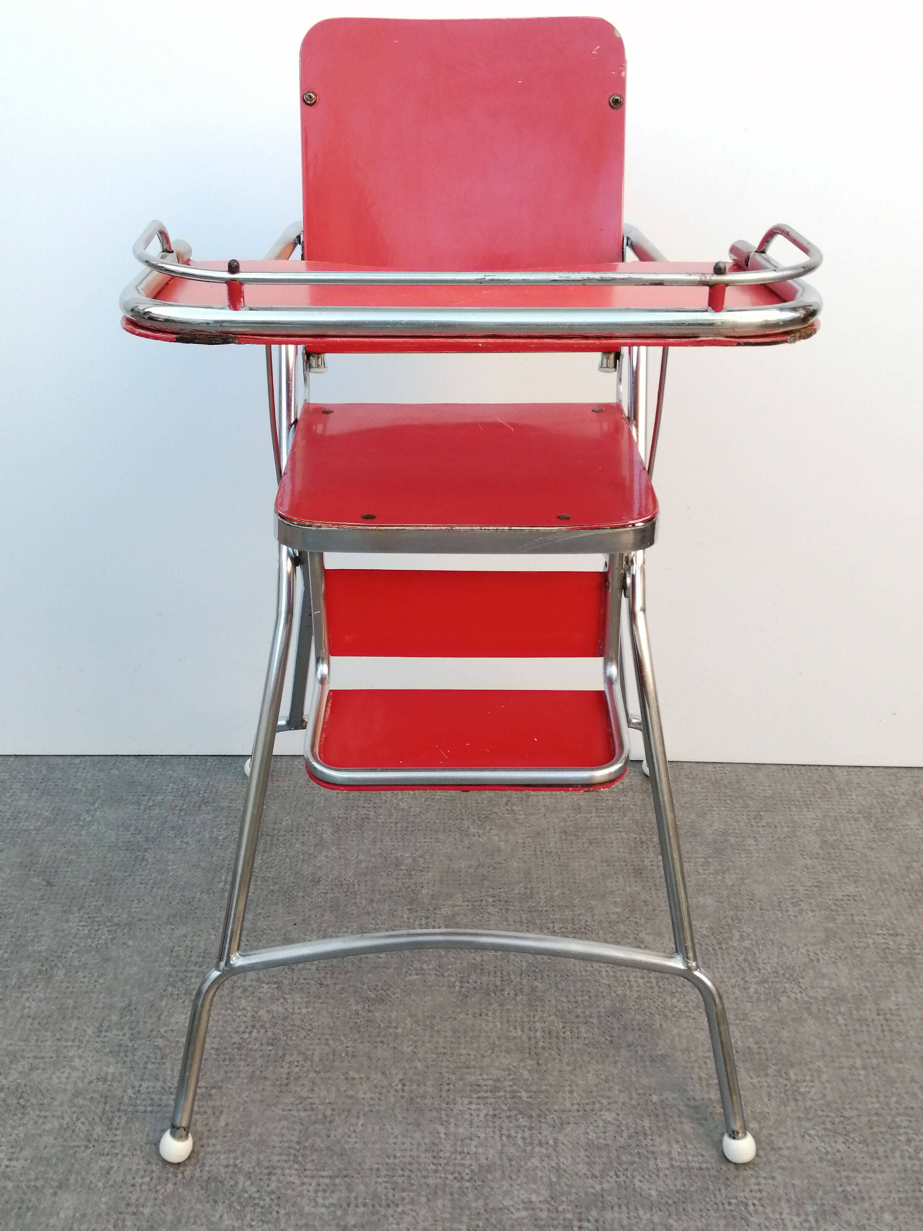 Chaise haute baby flash 1960 chromé et bois rouge