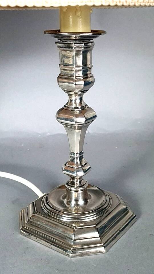 Paire lampes à poser métal argenté flambeaux style Louis XIII Bel état C777