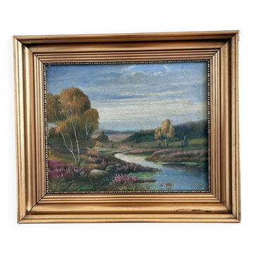 Vintage original river landscape oil painting
