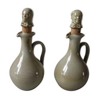 Set of 2 pitchers calva jugs in ceramic / sandstone signed bouchon head of Normans