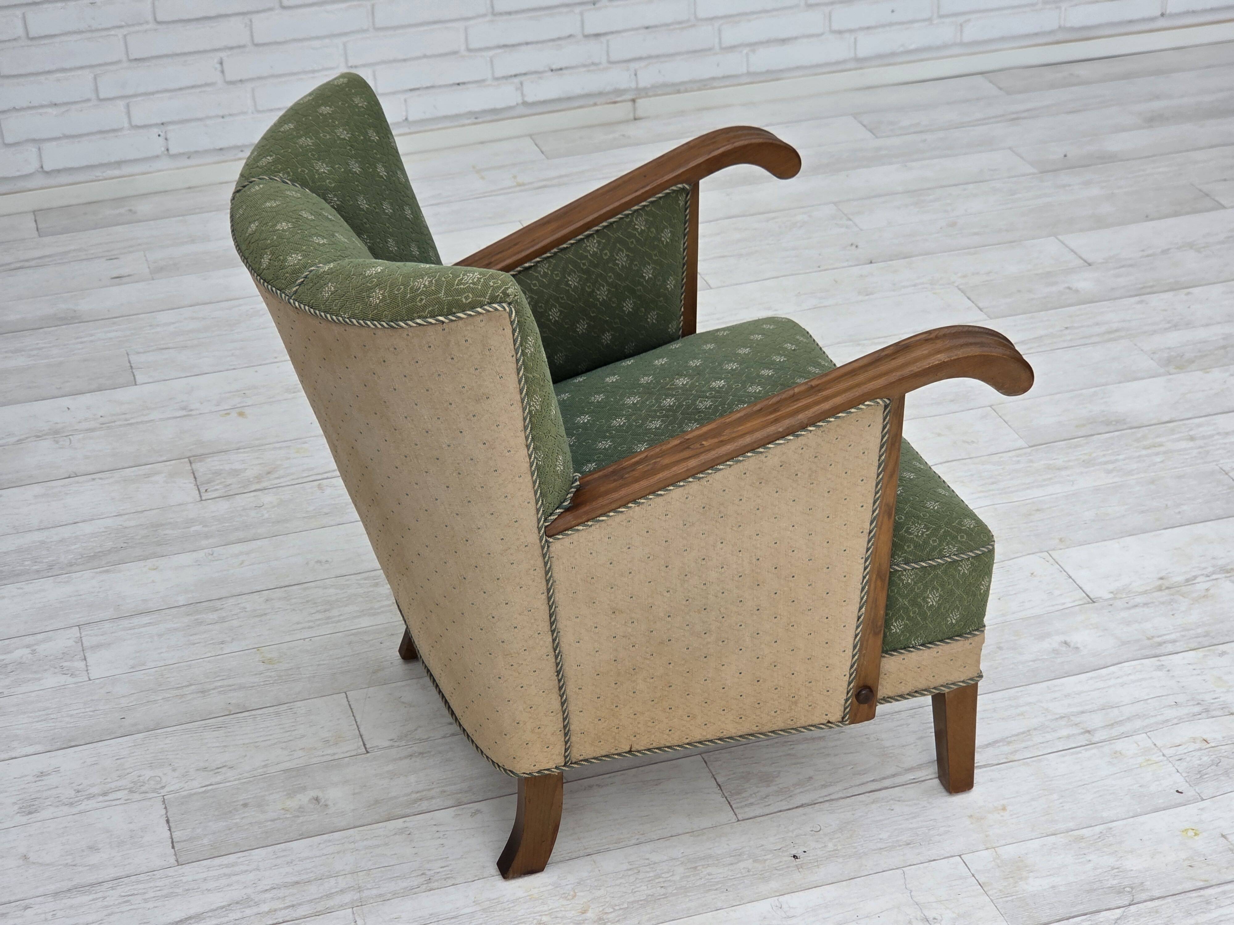 1950s, Danish armchair, original green/beige furniture wool, oak wood.