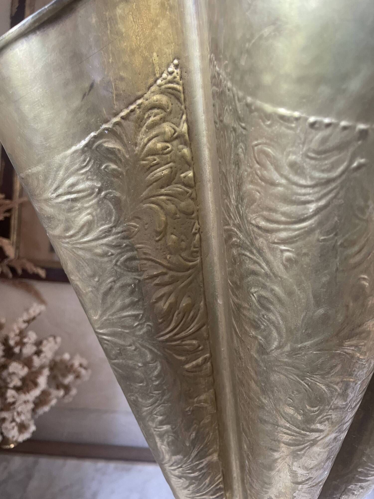 Antique repoussé brass umbrella stand