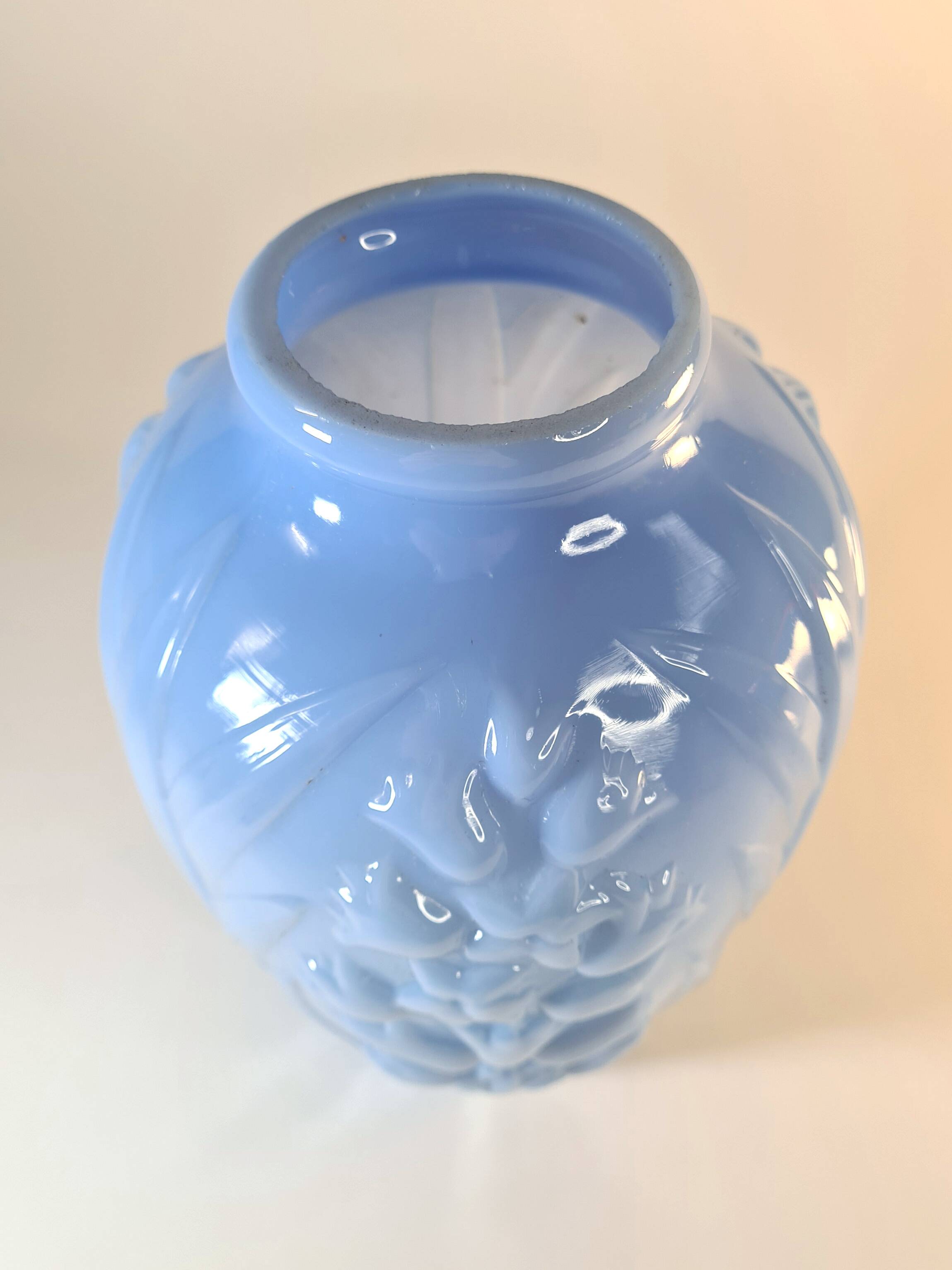 Art Deco opaline blue vase – Flowers in relief