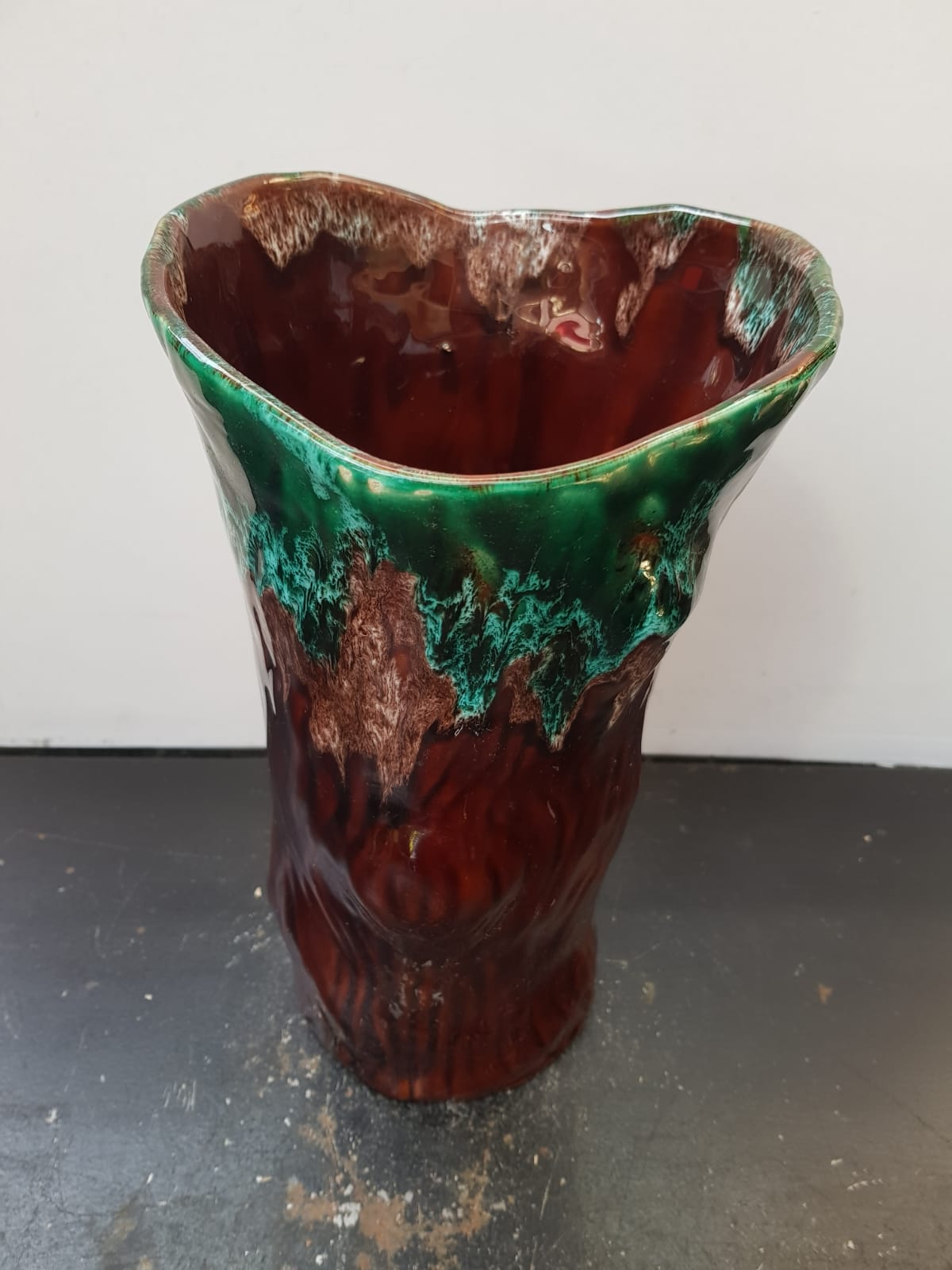 Old Ceramic Vase Form Trunk Brown Green Drips Vintage