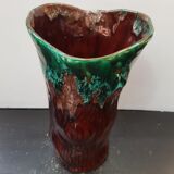 Vase céramique forme tronc marron coulures vertes vintage