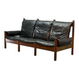 Sturdy Mid-Century Smooth Black Leather Scandinavian 3-Seat Sofa, 1960s