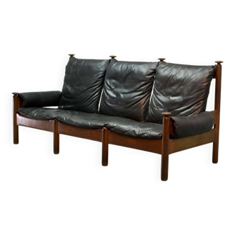Canapé scandinave 3 places robuste en cuir noir lisse du milieu du siècle, années 1960