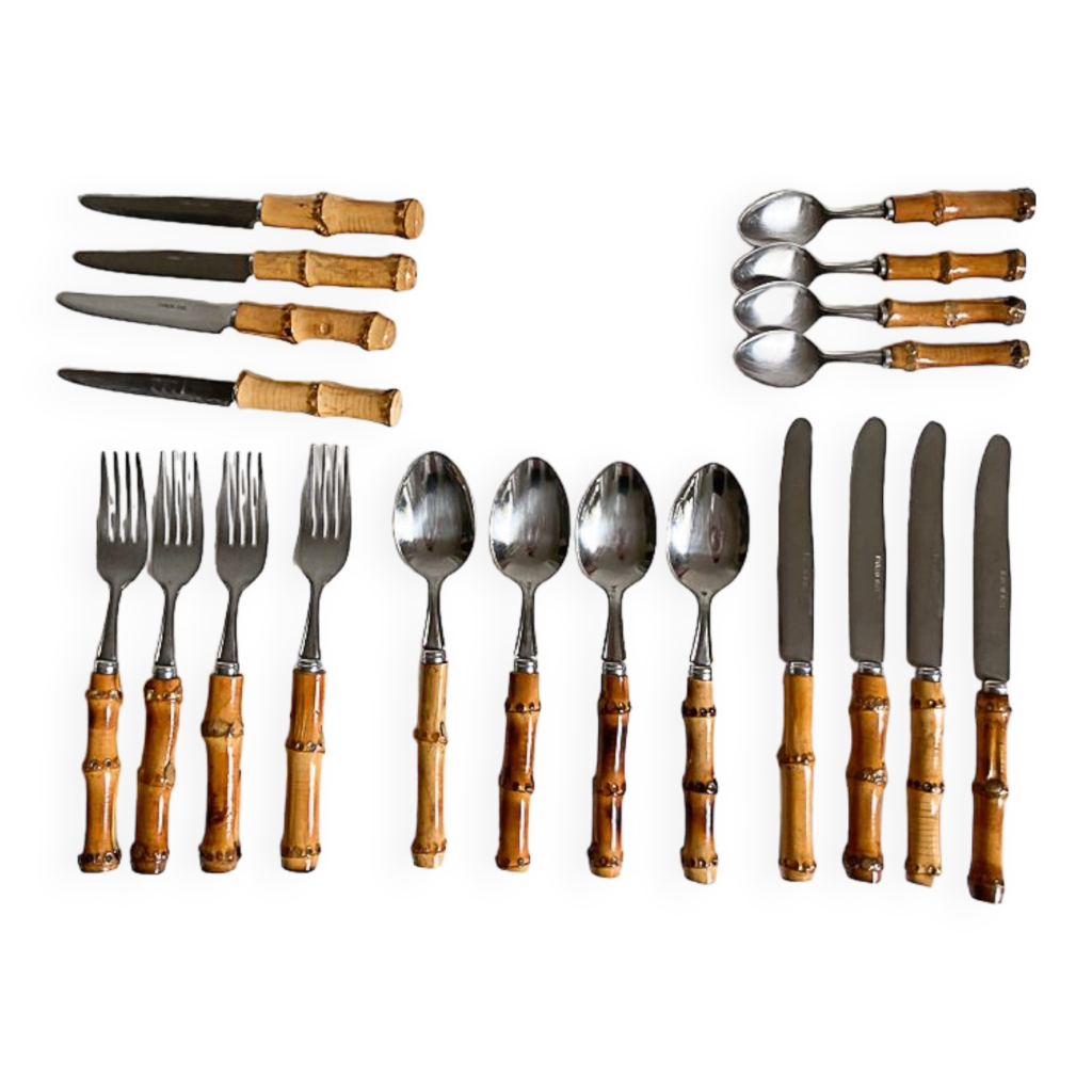 Set of 20 bamboo cutlery for people, 60s Selency