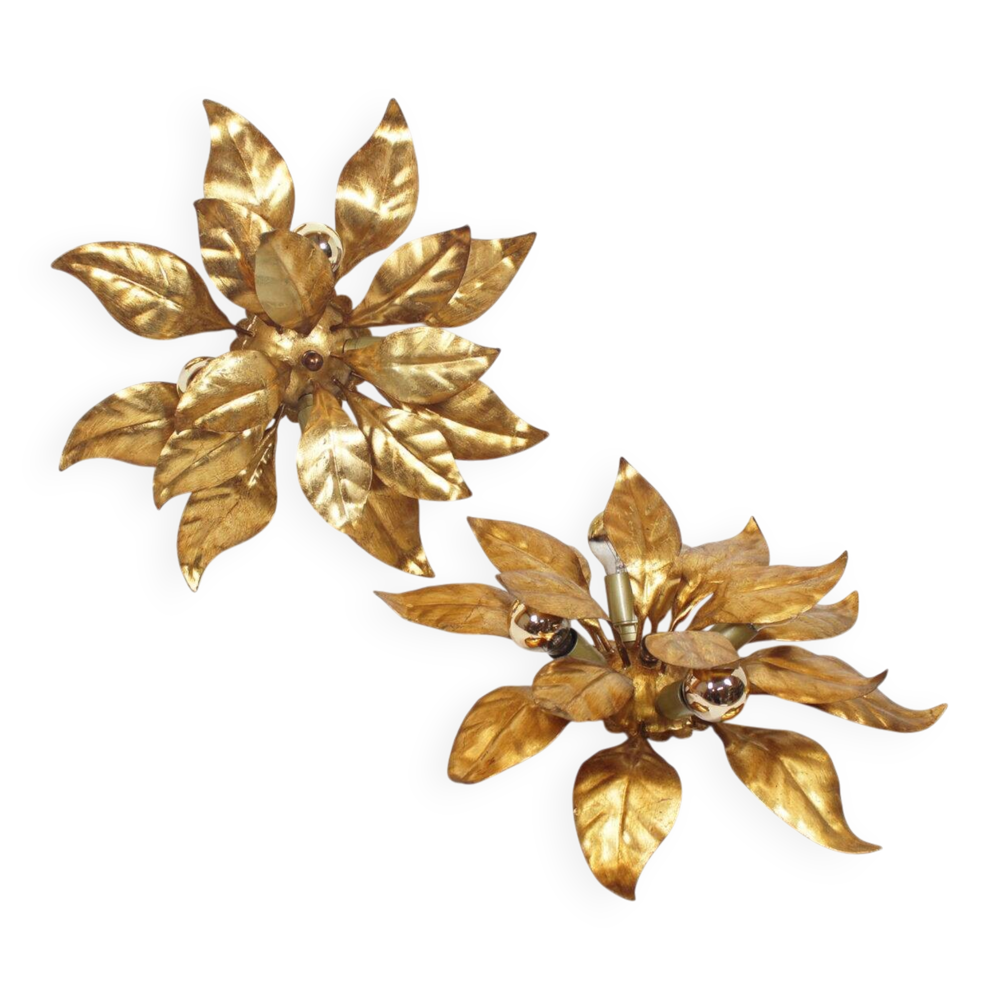 Wonderful pair gilded floral flush mount lights by Hans Kogl