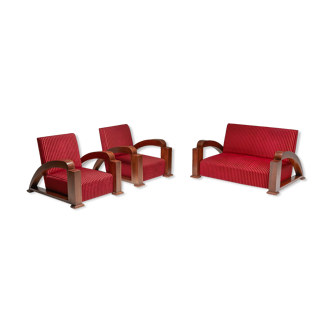 French Art Deco Living Room Set in Red Striped Velvet and with Swoosh Armrests - 1940's