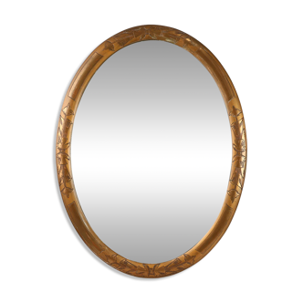 French Art Deco Oval gilded Mirror in Carved Wood, ca. 1920