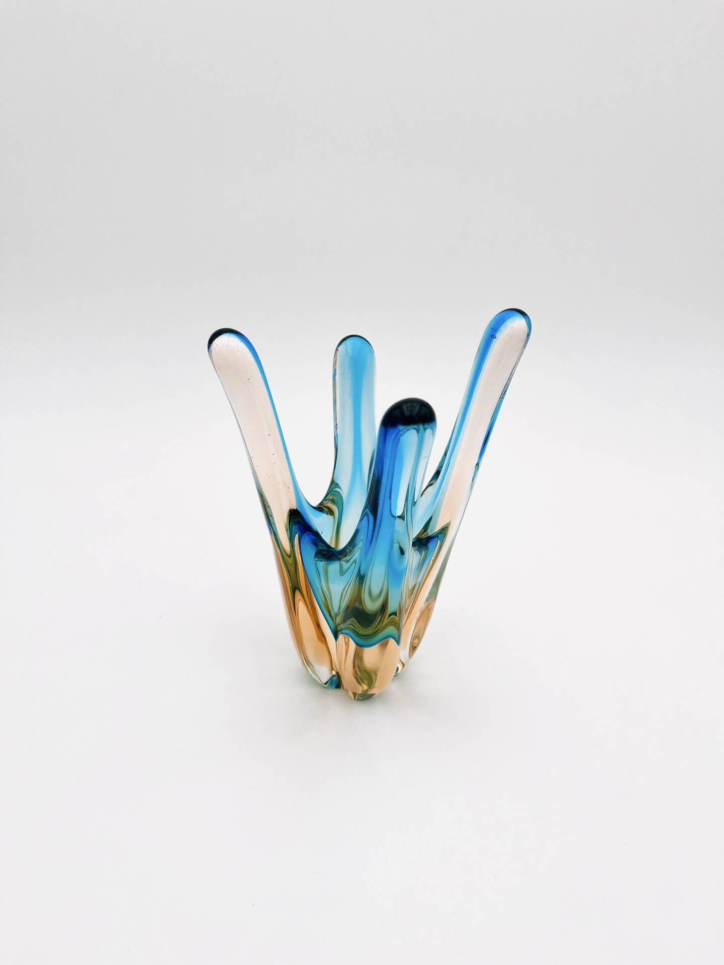 Murano Sommerso Blue Turquoise & Amber Vase Sculpture with 4 Branches 19.5cm