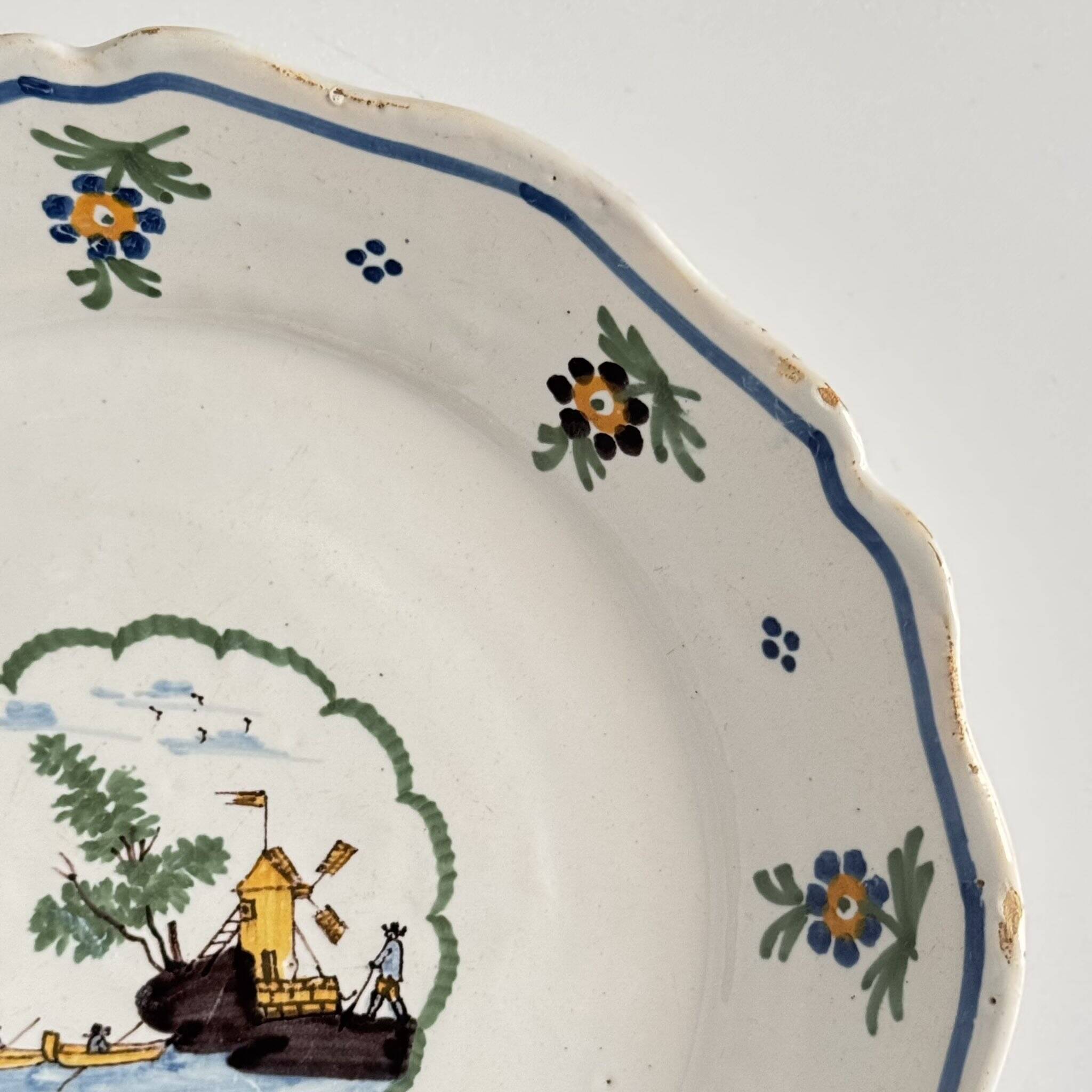18th Century Nevers Earthenware Plate | Windmill and River