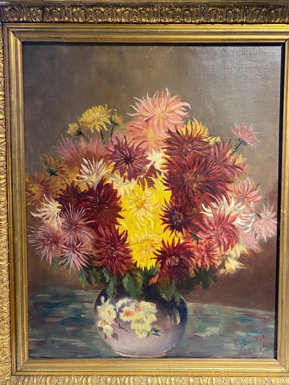 Old painting, still life with Dahlias, signed E Boudet late nineteenth century.