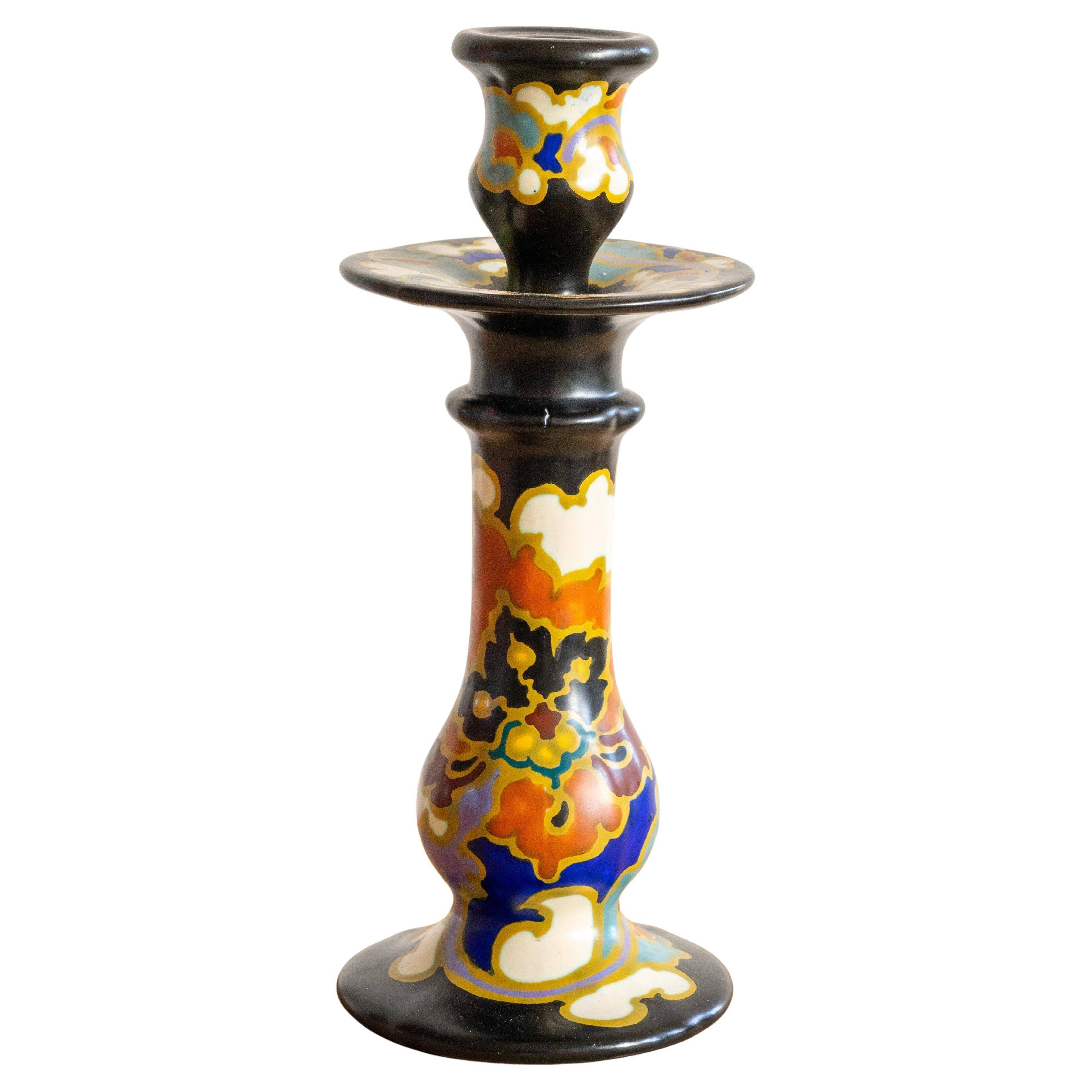 Hand-painted ceramic candlestick in Art Deco Revival style, Dutch Gouda pottery.