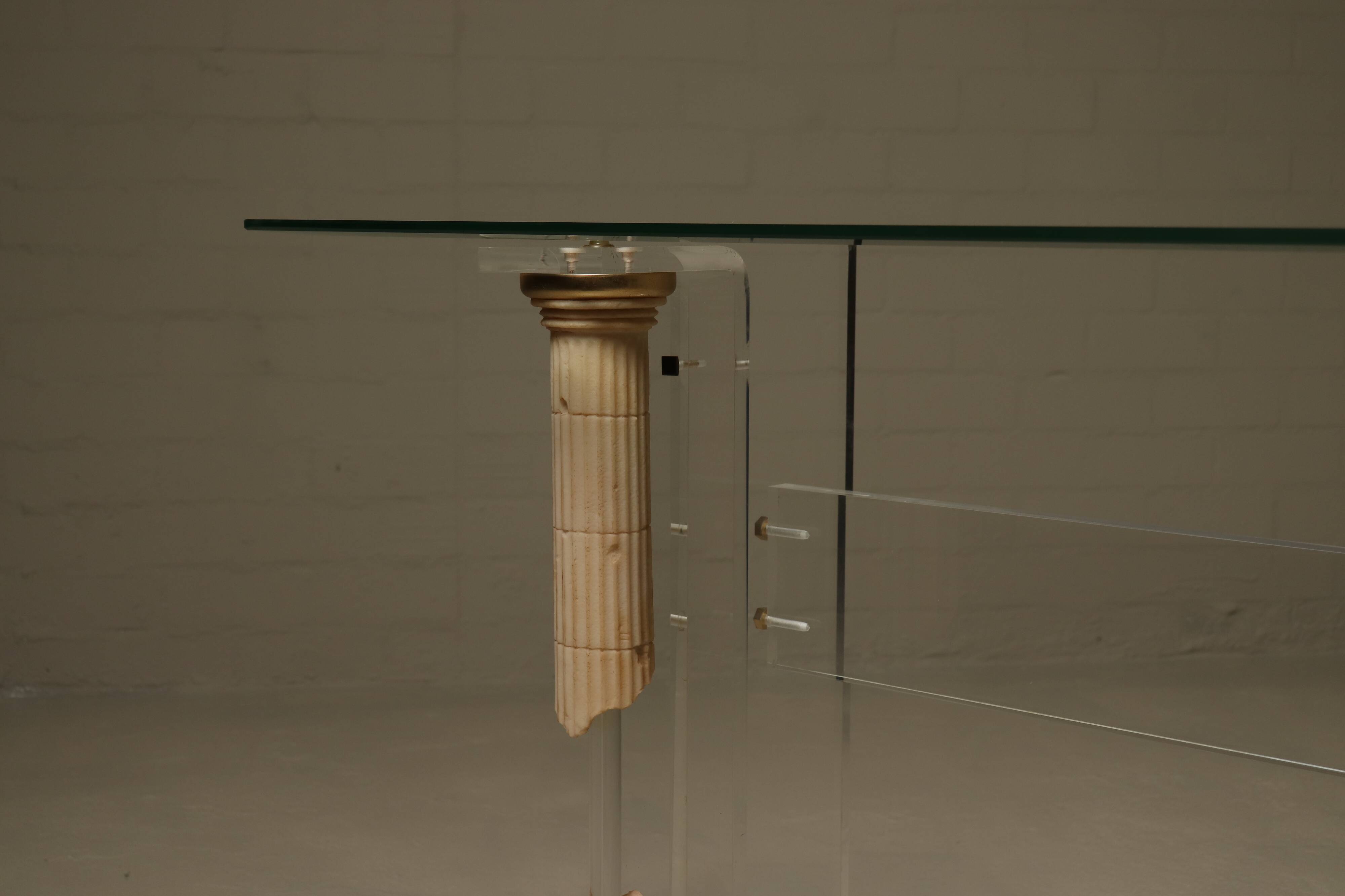 Italian Modern Plexiglass Console Table with Roman Column Details 1980s