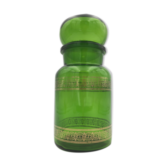 Bocal en verre vintage, vert et liserés or, à couvercle hémétique  - Années 1970