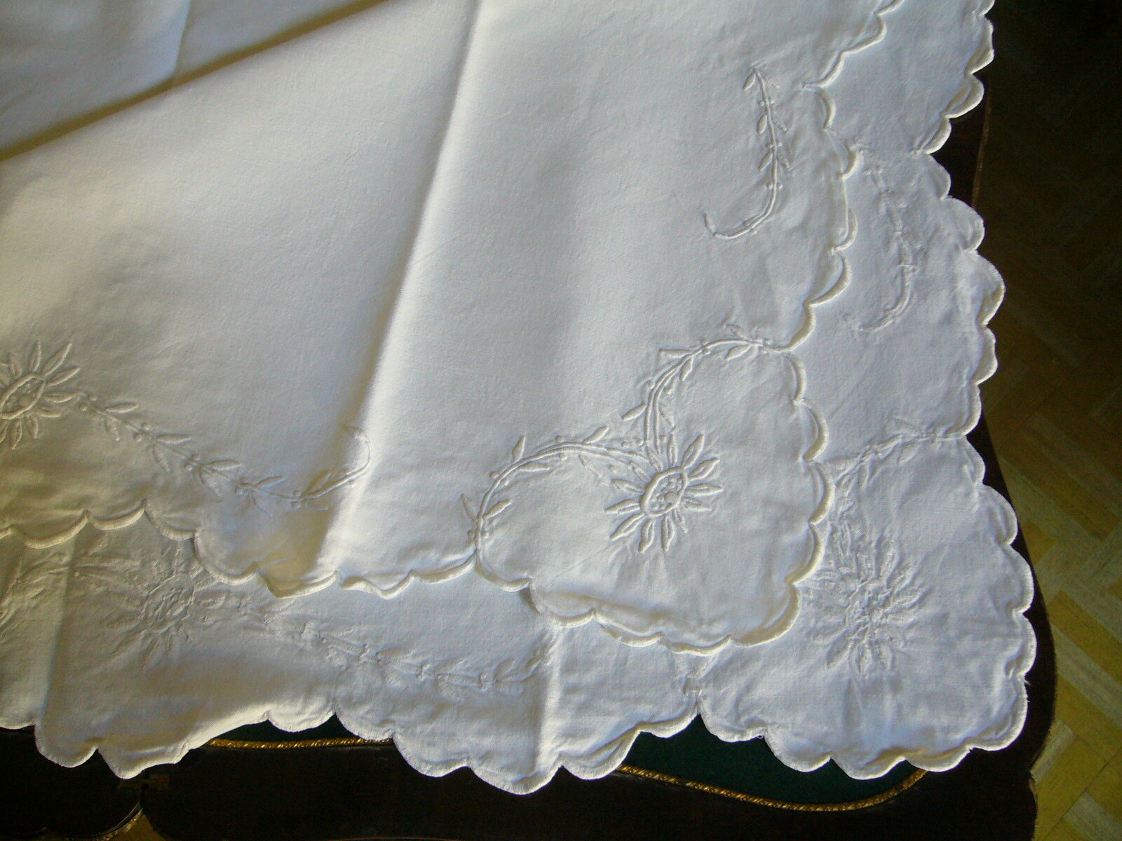 Ancient cotton sheet embroidered with flowers and initials